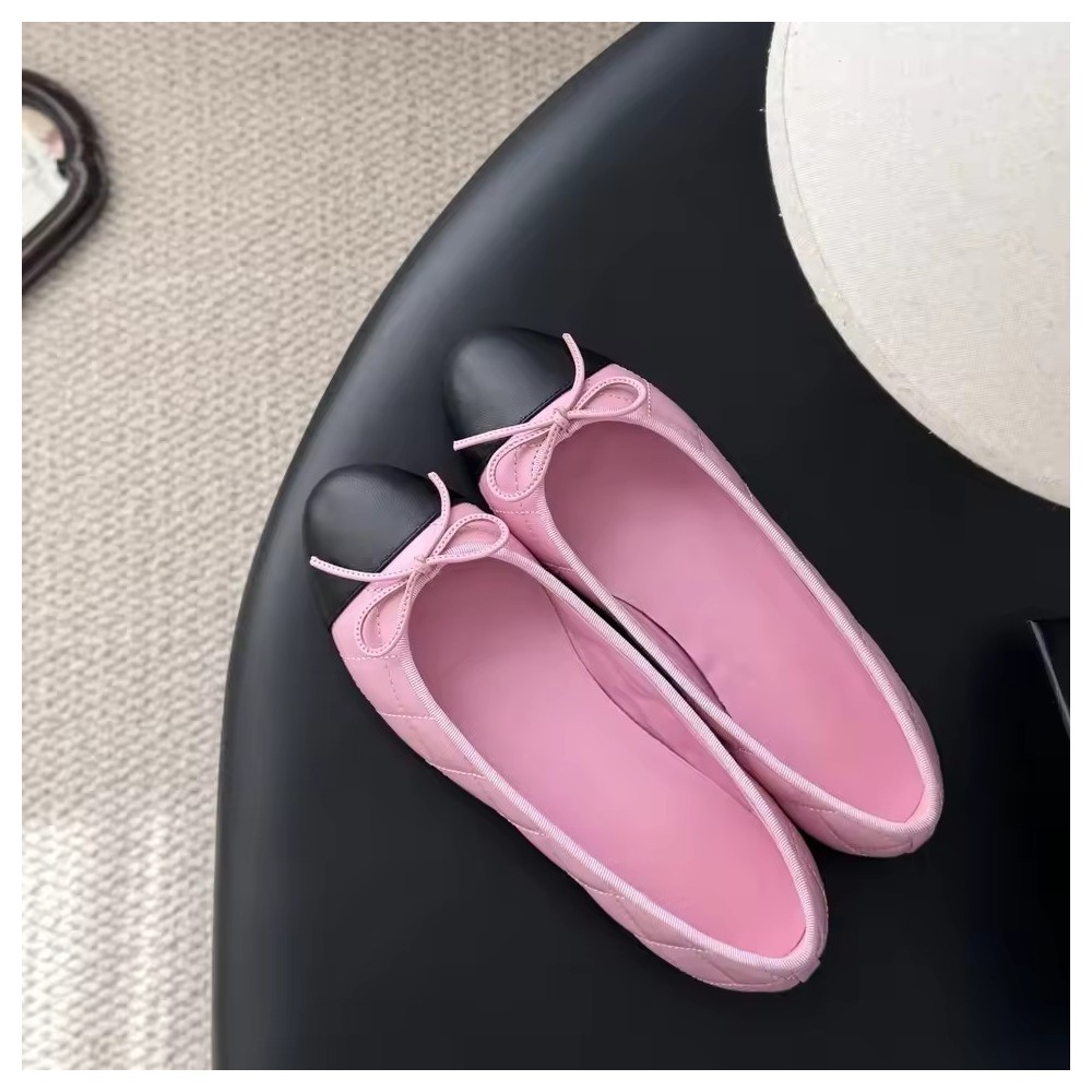 Quilted Pink Leather Ballet Flats with Black Toe Cap