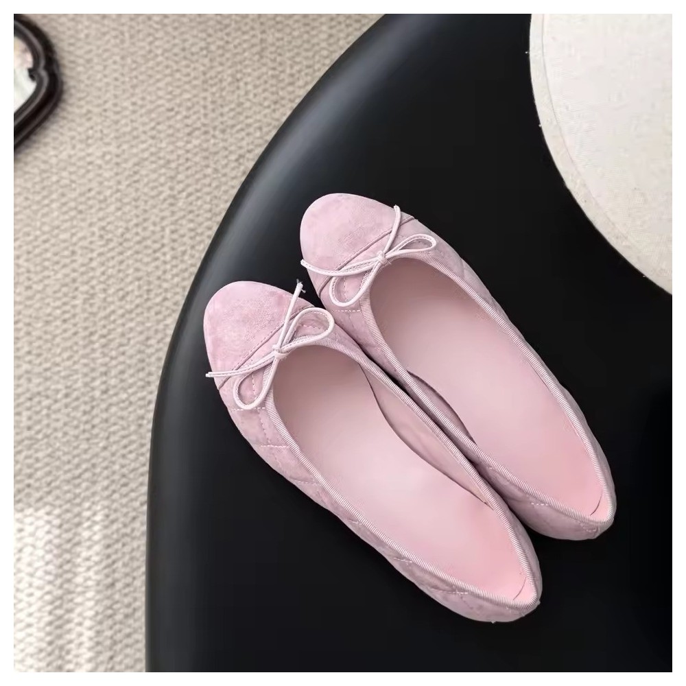 Ballerine Trapuntate Rosa in Pelle con Punta Nera
