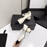 Two-Tone Mary Jane Pumps - Women's Cap Toe Block Heels with Sculptural Pearl