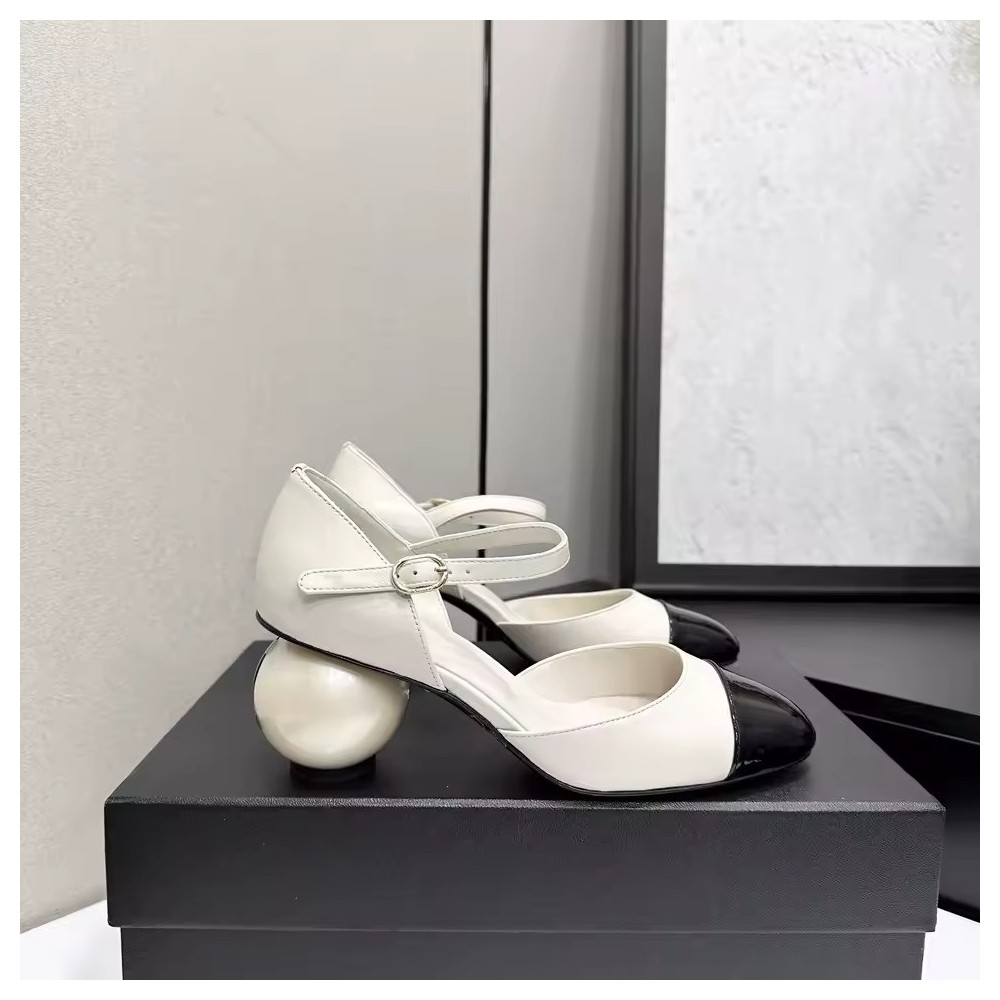 Two-Tone Mary Jane Pumps - Women's Cap Toe Block Heels with Sculptural Pearl