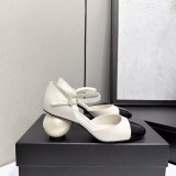Two-Tone Mary Jane Pumps - Women's Cap Toe Block Heels with Sculptural Pearl