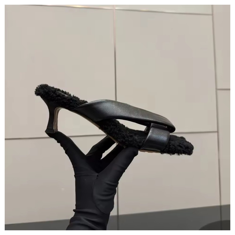 Leather Thong Mules - Women's Shearling-Lined Kitten Heel Sandals