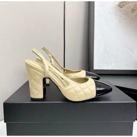 Women's Quilted Two-Tone Slingbacks | High Block Heel Cap-Toe Pumps