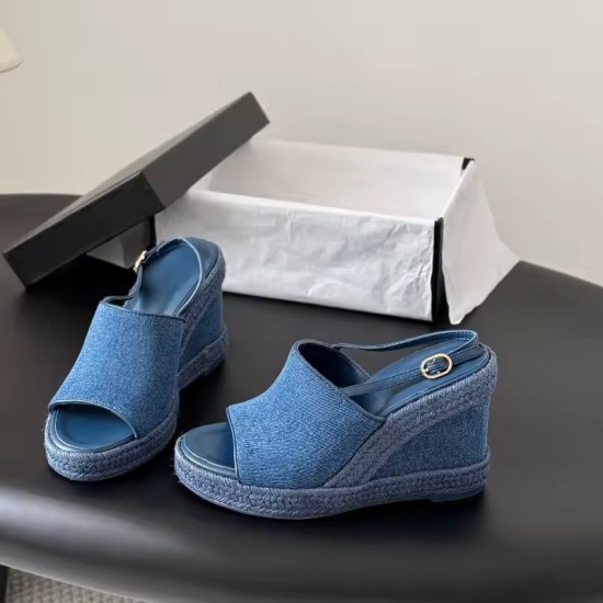 Sandali Espadrillas con Zeppa in Denim e Cinturino