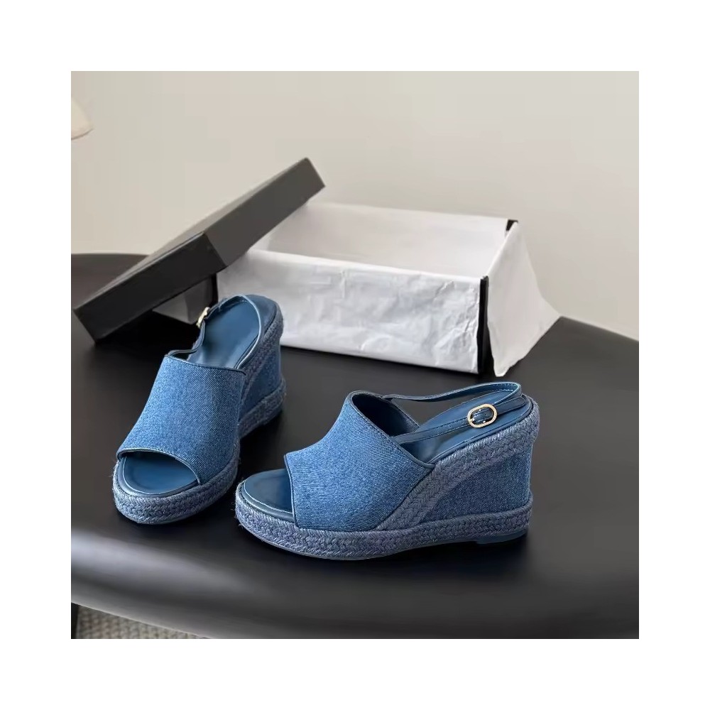 Sandali Espadrillas con Zeppa in Denim e Cinturino