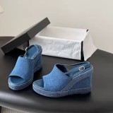 Sandali Espadrillas con Zeppa in Denim e Cinturino