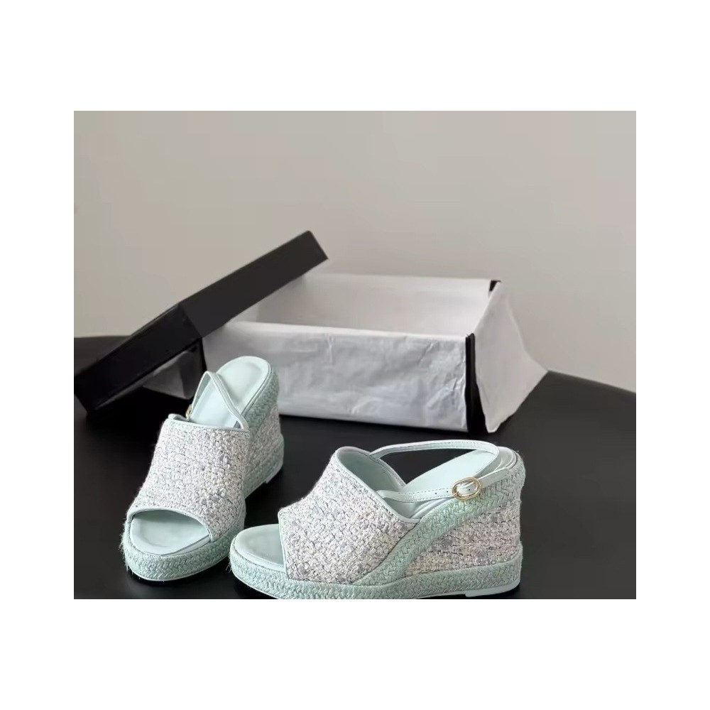 Denim Espadrille Wedge Sandals with Slingback Strap