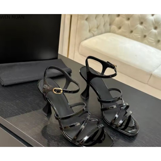 Strappy Patent Leather Flared Heel Sandals with Square Toe