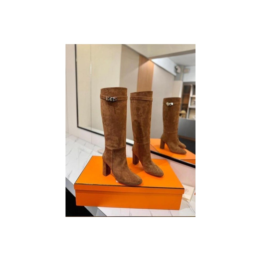 Suede Knee-High Boots with Block Heel and Turn-Lock Strap
