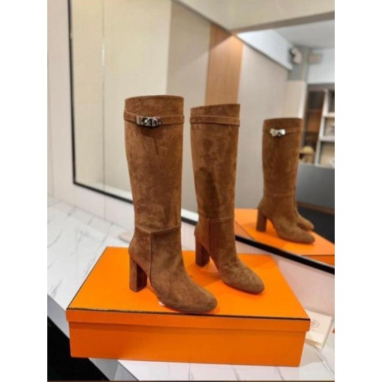 Suede Knee-High Boots with Block Heel and Turn-Lock Strap