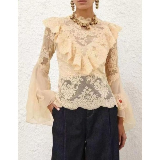Sheer Patchwork Lace Blouse with Ruffled V-Neck and Bell Sleeves