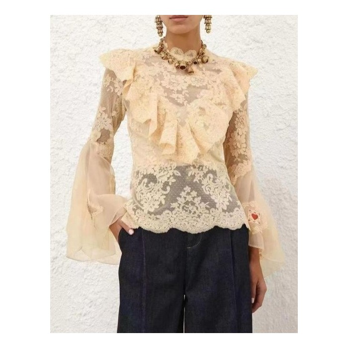 Sheer Patchwork Lace Blouse with Ruffled V-Neck and Bell Sleeves