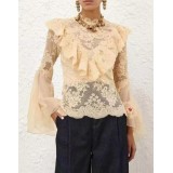 Blusa in Pizzo Patchwork Trasparente con Volant e Maniche a Campana