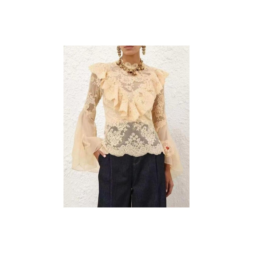 Blusa in Pizzo Patchwork Trasparente con Volant e Maniche a Campana