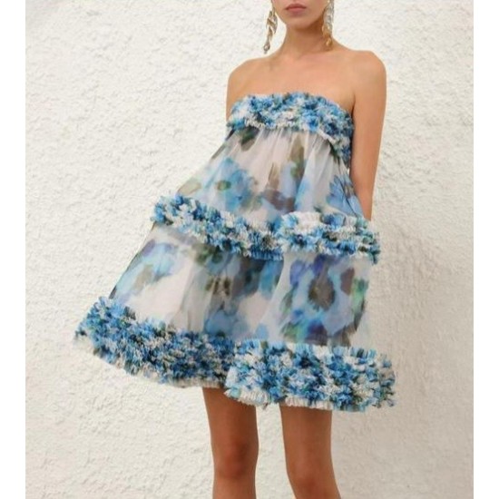 Strapless Floral Organza Mini Dress with 3D Frill Trim