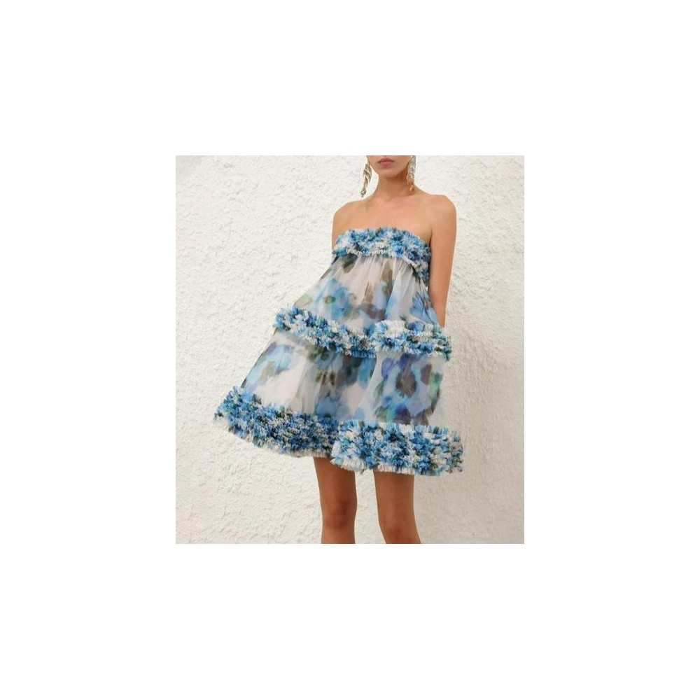 Strapless Floral Organza Mini Dress with 3D Frill Trim
