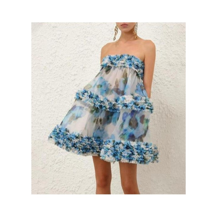 Abito Mini a Fascia Floreale in Organza con Balze 3D
