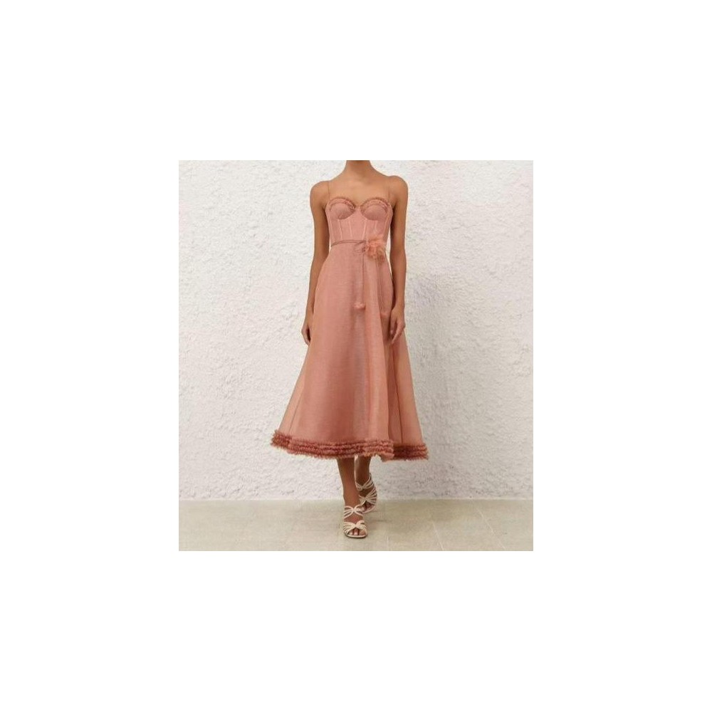 Vestito Midi Rosa Antico con Bustier Strutturato e Gonna a Ruota
