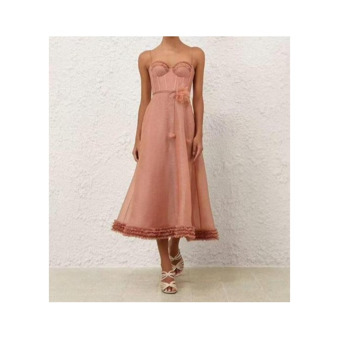 Vestito Midi Rosa Antico con Bustier Strutturato e Gonna a Ruota