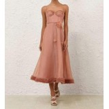 Vestito Midi Rosa Antico con Bustier Strutturato e Gonna a Ruota
