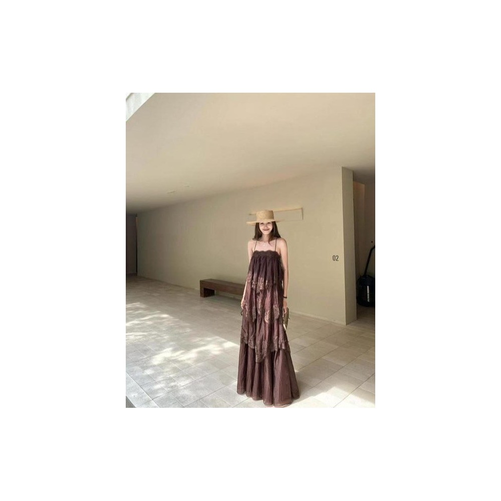 Chocolate Brown Layered Cami Maxi Dress with Delicate Lace Applique