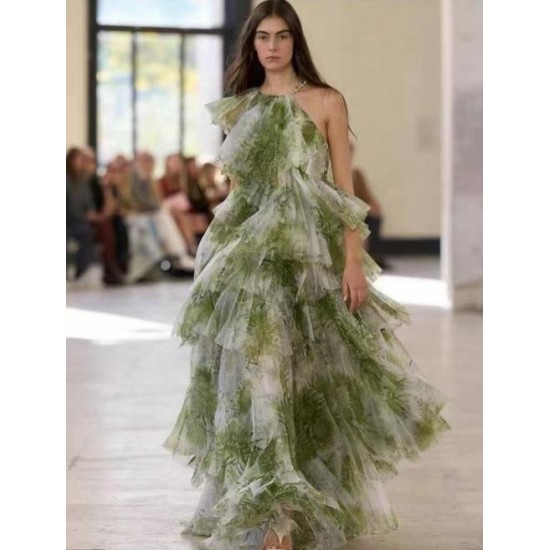 Olive Green Floral Tiered Organza Gown | Asymmetric Maxi Dress