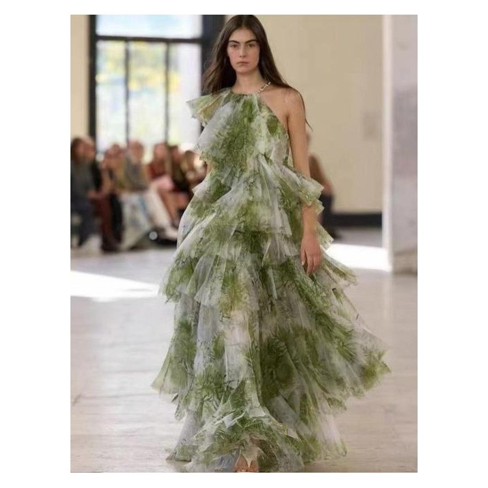 Olive Green Floral Tiered Organza Gown | Asymmetric Maxi Dress
