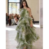 Abito Lungo a Balze Organza Verde Oliva Floreale | Vestito Asimmetrico