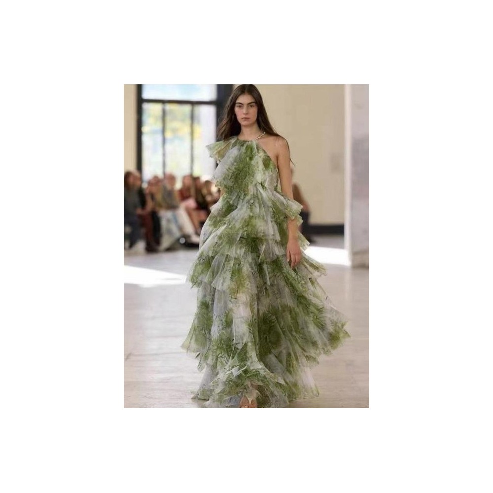 Olive Green Floral Tiered Organza Gown | Asymmetric Maxi Dress