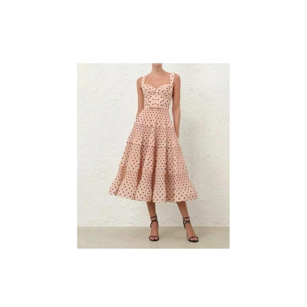 Pink Polka Dot Tiered Midi Dress - Sweetheart Bustier Bodice