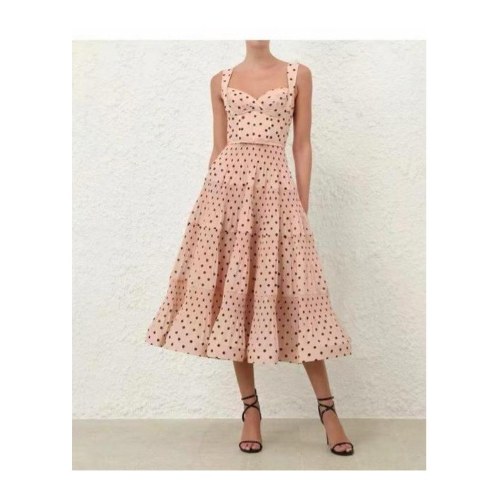 Pink Polka Dot Tiered Midi Dress - Sweetheart Bustier Bodice