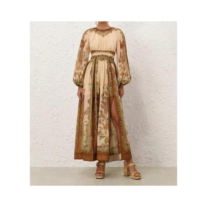 Cream Floral Scarf Maxi Dress - Blouson Sleeves & Leg Slit