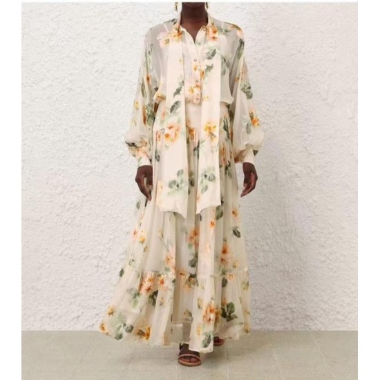 Abito Lungo in Chiffon Floreale - Vestito Elegante con Fiocco