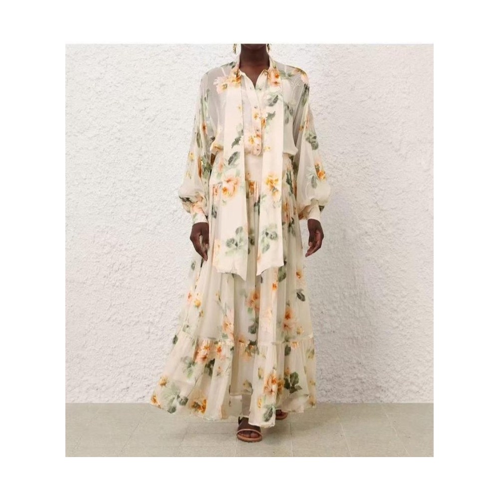 Abito Lungo in Chiffon Floreale - Vestito Elegante con Fiocco