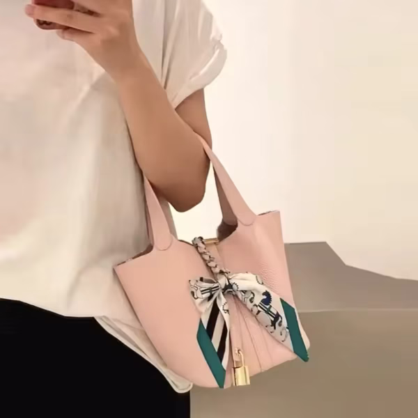 New Contrast Lux Loe Cowhide Bucket Bag Elegant Office Lady All-match Handbags Leather Lychee Pattern Purse - Image 9