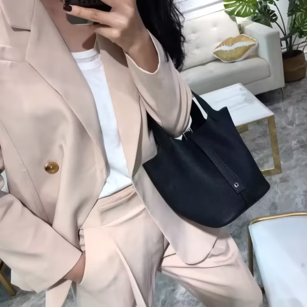 New Contrast Lux Loe Cowhide Bucket Bag Elegant Office Lady All-match Handbags Leather Lychee Pattern Purse - Image 8