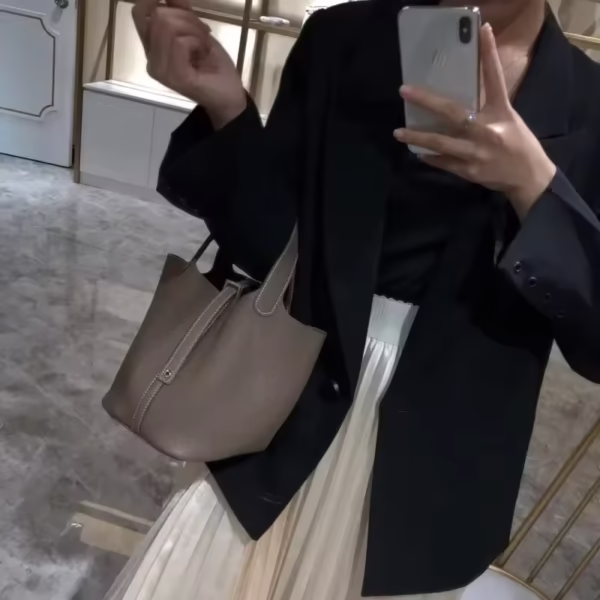 New Contrast Lux Loe Cowhide Bucket Bag Elegant Office Lady All-match Handbags Leather Lychee Pattern Purse - Image 6