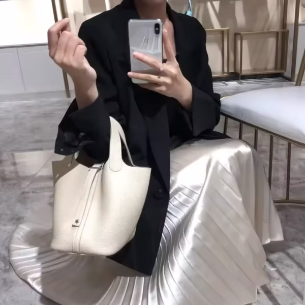 New Contrast Lux Loe Cowhide Bucket Bag Elegant Office Lady All-match Handbags Leather Lychee Pattern Purse - Image 5