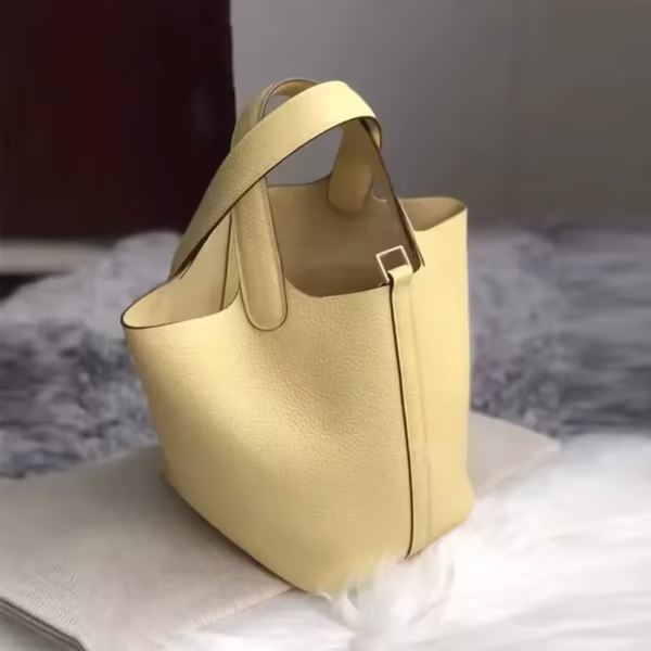 New Contrast Lux Loe Cowhide Bucket Bag Elegant Office Lady All-match Handbags Leather Lychee Pattern Purse - Image 2